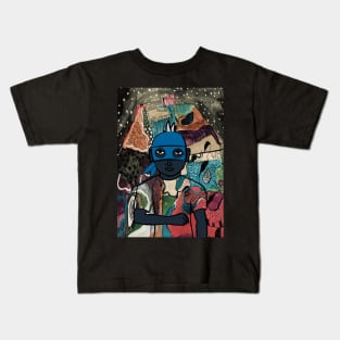 Mysterious Male Character with Basic Mask and Blue Accents in a Night of Secrets Kids T-Shirt